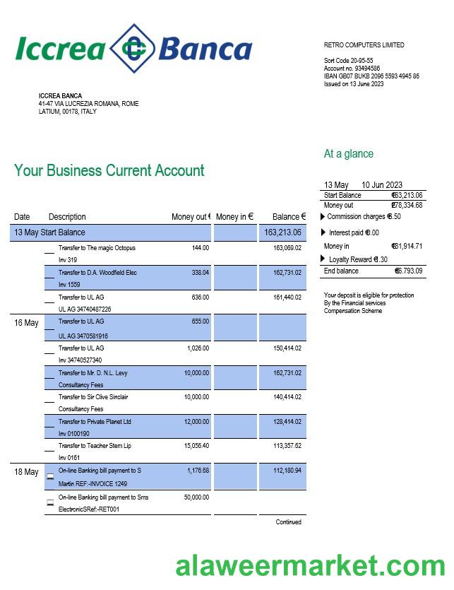 Iccrea Banca enterprise account statement Word and PDF template